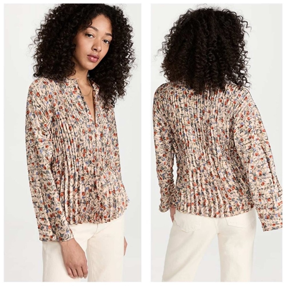 Vince Pomegranate Pleated Blouse Keyhole V-Neck Charmeuse Long Sleeve Size L